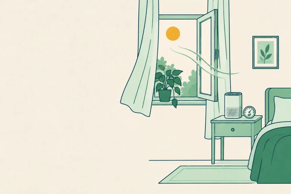 Illustration générée par IA : une chambre lumineuse avec une fenêtre ouverte, une plante, un petit purificateur et un appareil de mesure sur la table de chevet