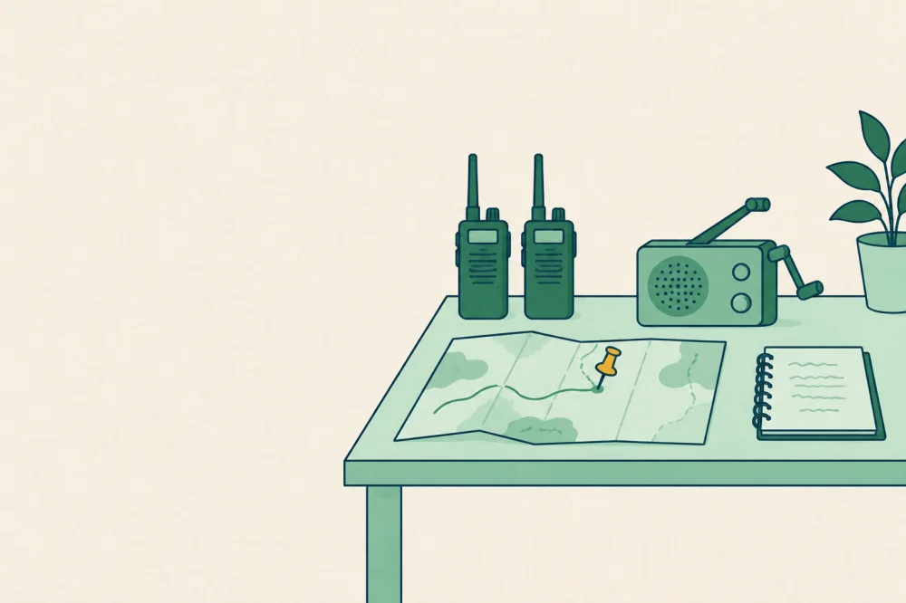Illustration générée par IA : deux talkies-walkies, une radio à manivelle, une carte pliée avec une épingle et un carnet sur une table