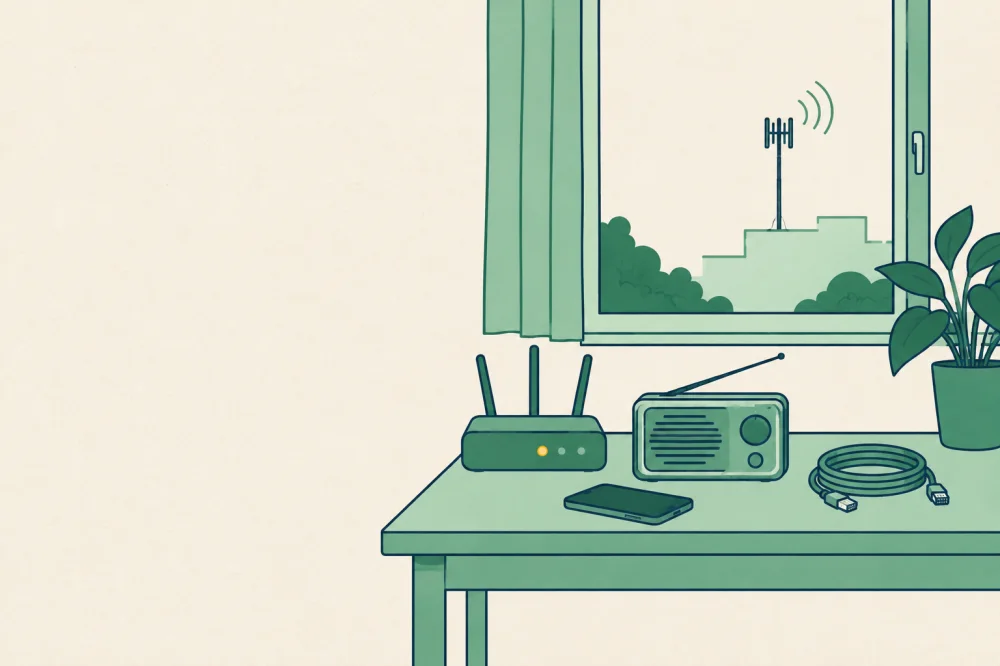 Illustration générée par IA : un bureau près d'une fenêtre avec un routeur, une radio ancienne, un téléphone et un câble réseau, et une antenne dehors