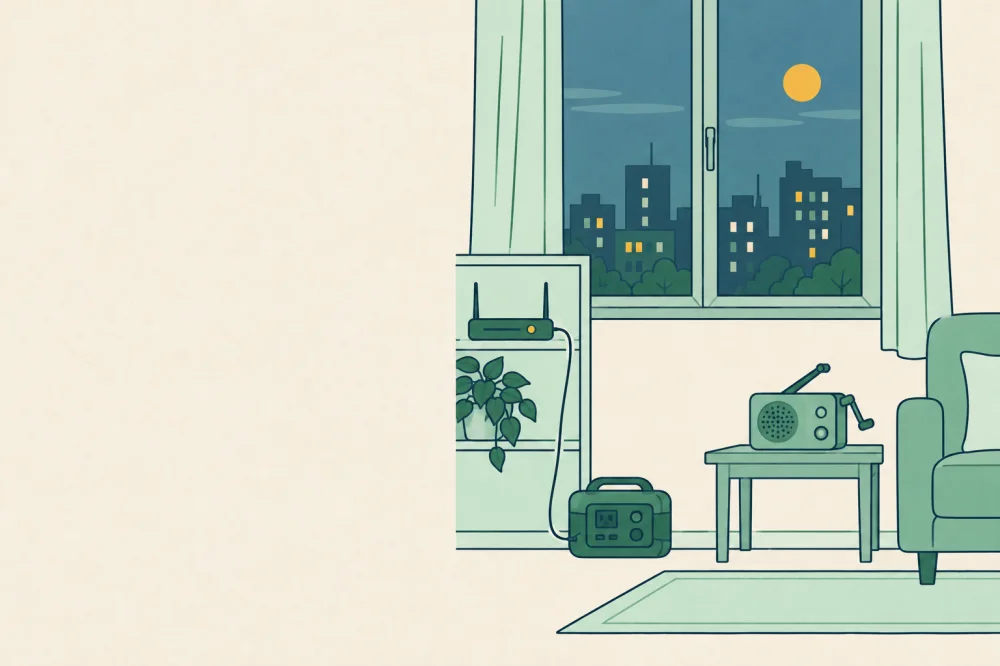 Illustration générée par IA : un salon au crépuscule avec un routeur alimenté par une petite batterie portable et une radio à manivelle, une ville en partie éclairée dehors