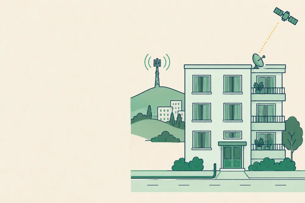 Illustration générée par IA : un immeuble relié à trois accès internet : un câble depuis la rue, un mât mobile sur la colline et une parabole vers un satellite