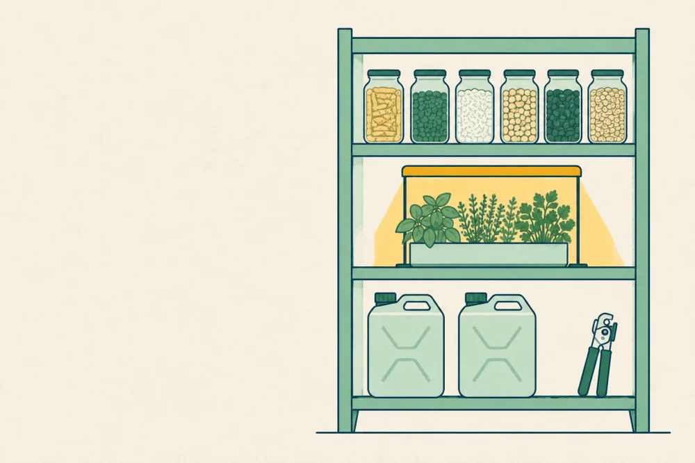Illustration générée par IA : une étagère de cuisine avec des bocaux, un petit potager d'intérieur éclairé, deux bidons d'eau et un ouvre-boîte