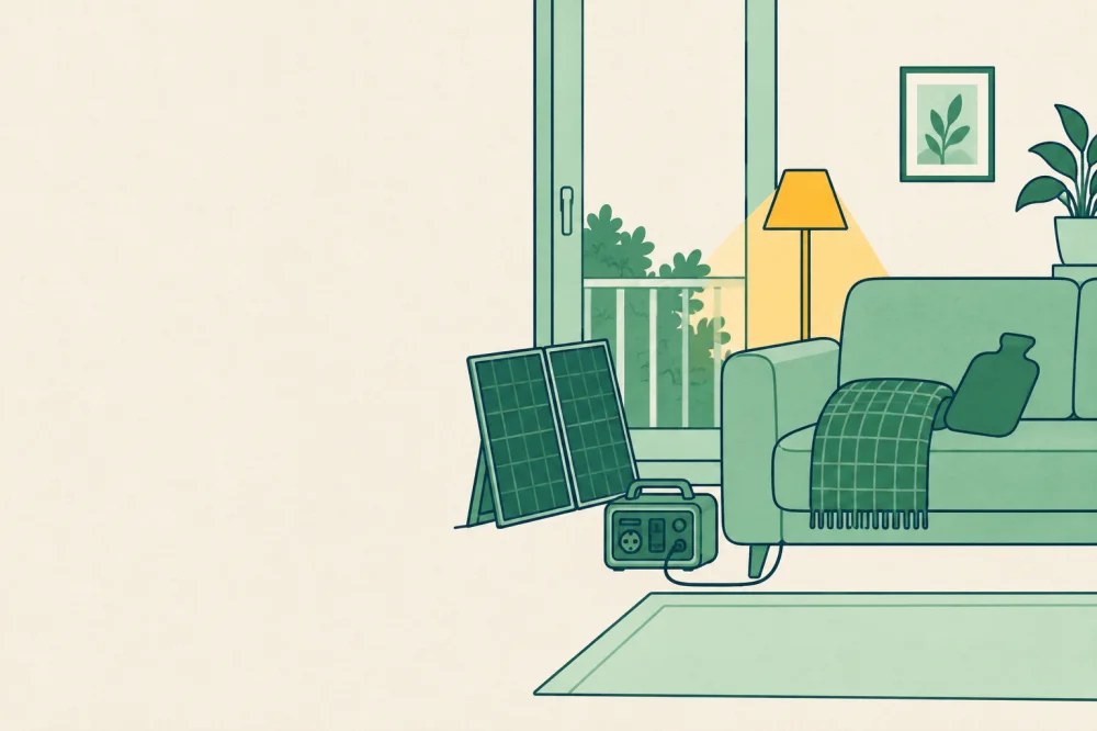 Illustration générée par IA : un canapé avec un plaid et une bouillotte, une batterie portable branchée à une lampe et un panneau solaire pliable contre la porte du balcon