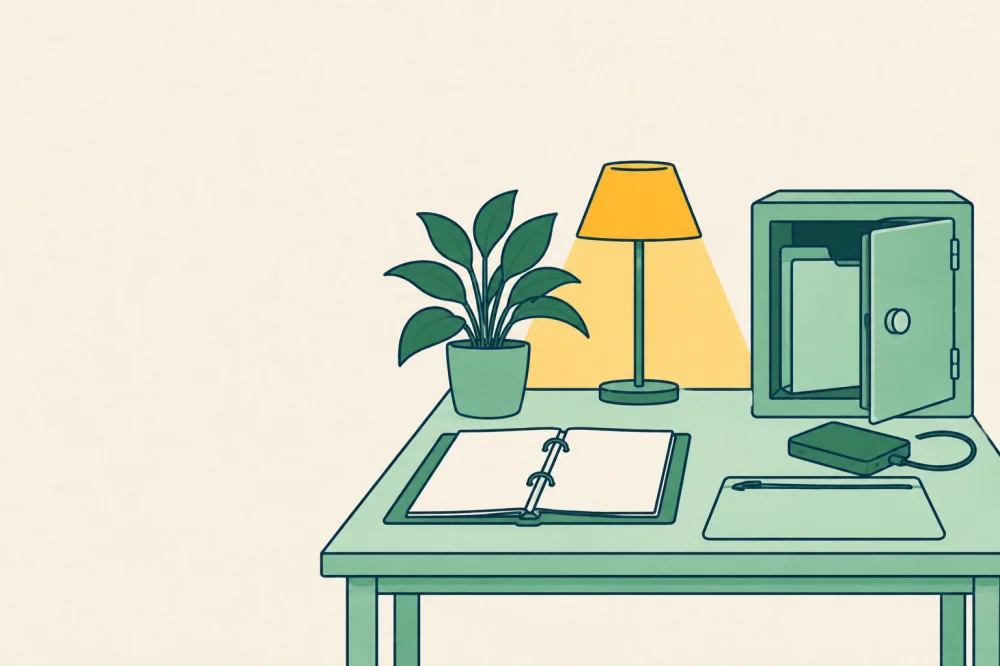 Illustration générée par IA : un bureau avec un classeur ouvert, une pochette de documents, un disque dur externe et un petit coffre ouvert