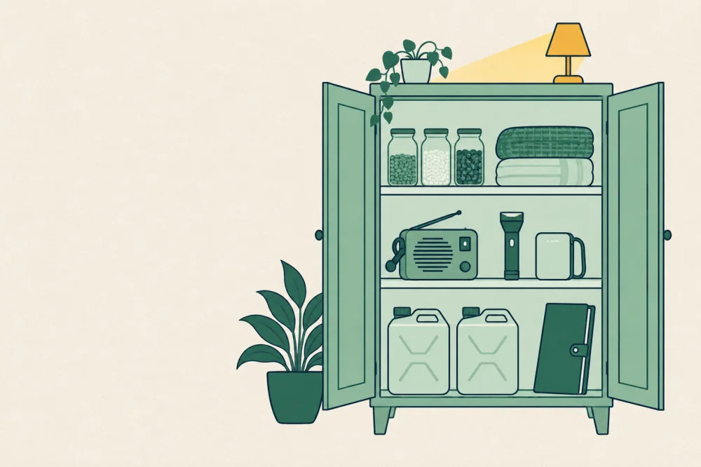 Illustration générée par IA : une armoire ouverte et rangée avec des bocaux, des couvertures, une radio à manivelle, une lampe, une batterie portable et deux bidons d'eau