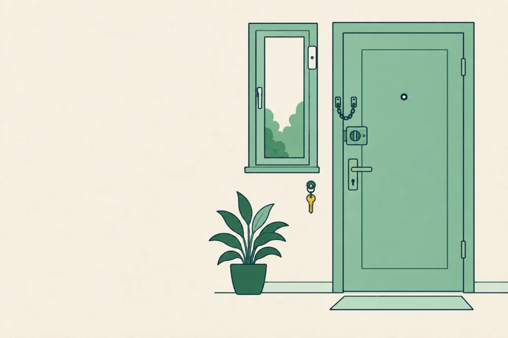 Illustration générée par IA : une porte d'entrée vue de l'intérieur avec verrou, chaînette et œilleton, et une fenêtre avec une alarme d'ouvrant